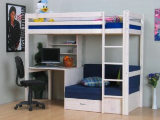 Thuka Kids loftsäng med soffa, skrivbord och bokhylla vit/blå.
