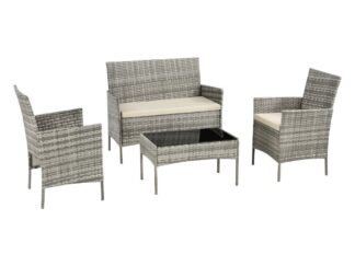 [en.casa] Loungegrupp Prazeres för trädgården-loungeset-balkongset-2 stolar-bord-2sits soffa-3 dynor-konstrotting-stål-grå fläckig-beige